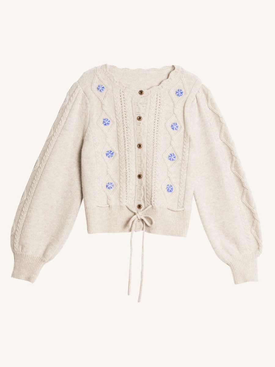 Willow Floral Embroidery Lantern Sleeve Cardigan