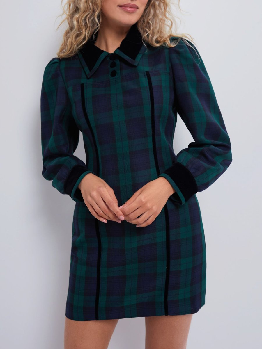 Puff Sleeve Plaid Shirt Mini Dress