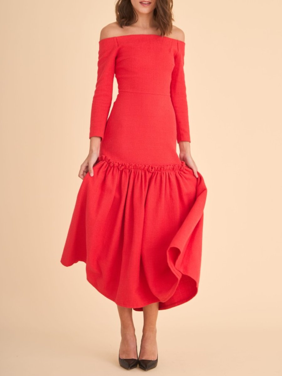 Red Tweed Long Sleeve Midi Dress