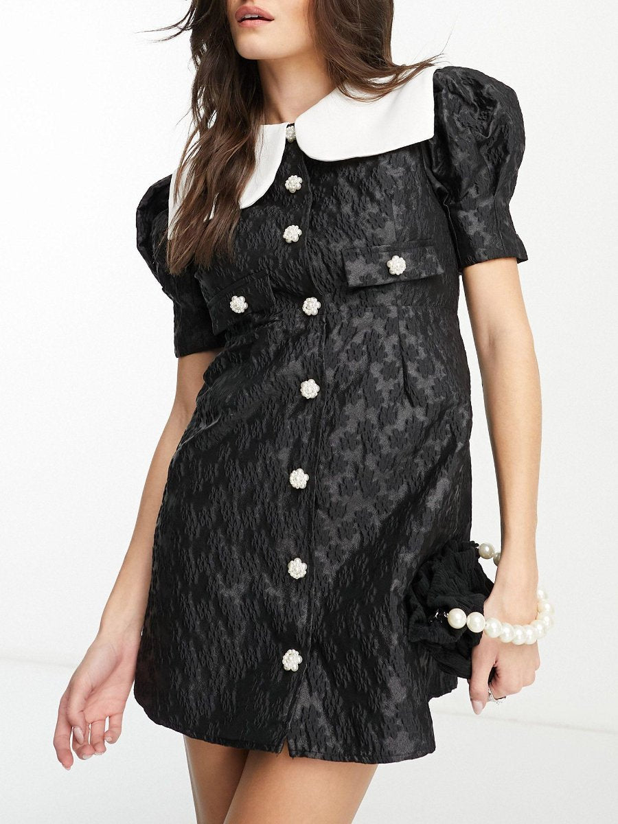 Oversized Collar Button Black Mini Dress