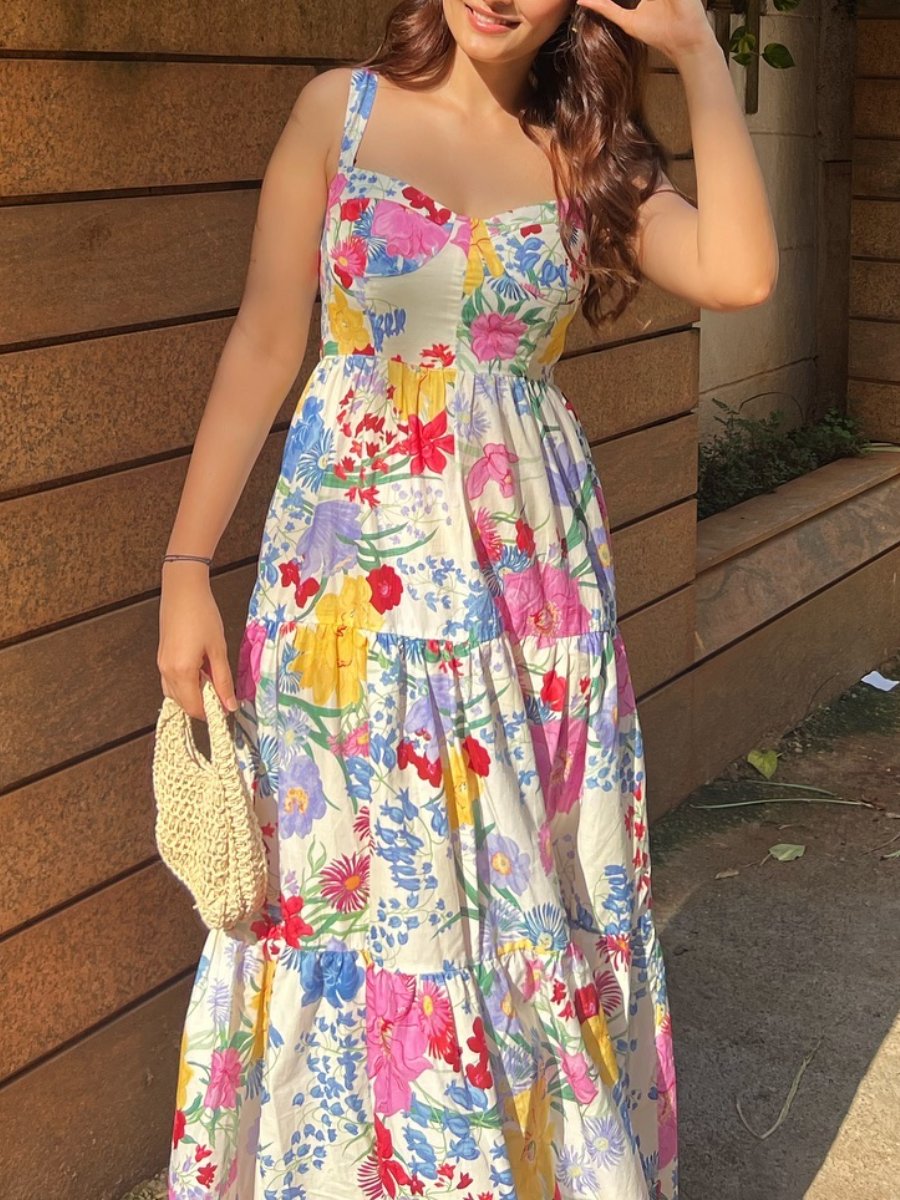 Colorful Floral Print Sweetheart Neck Midi Dress