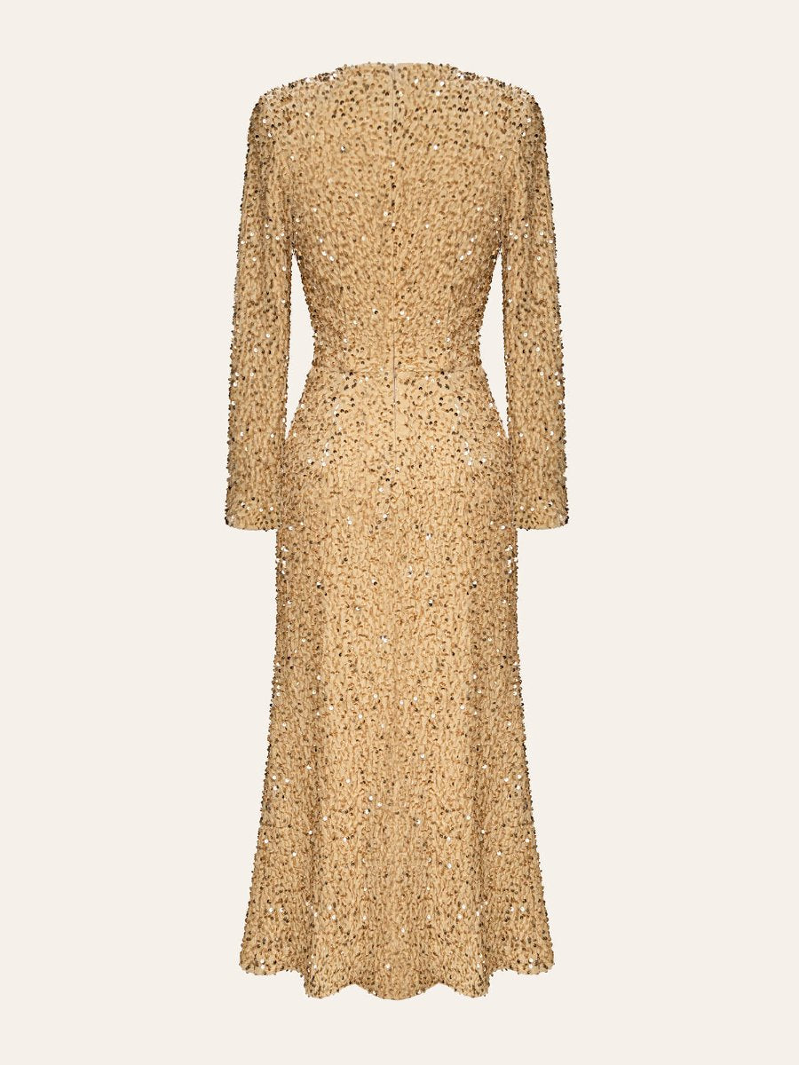 Beige Sequin Decorated Long Sleeve Midi Dress