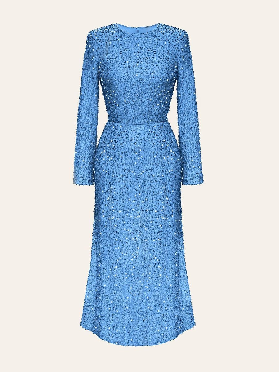 Blue Sequin Decorated Long Sleeve Midi Dress