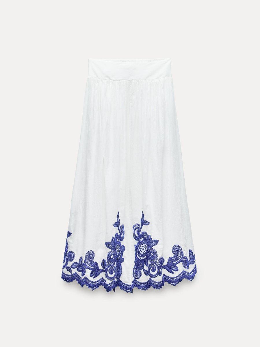 Contrast Embroidered Blouse With Skirt