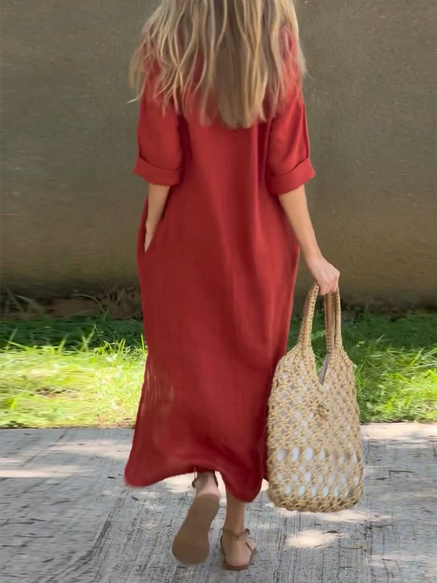 V-Neck Cotton Linen Loose Maxi Dress