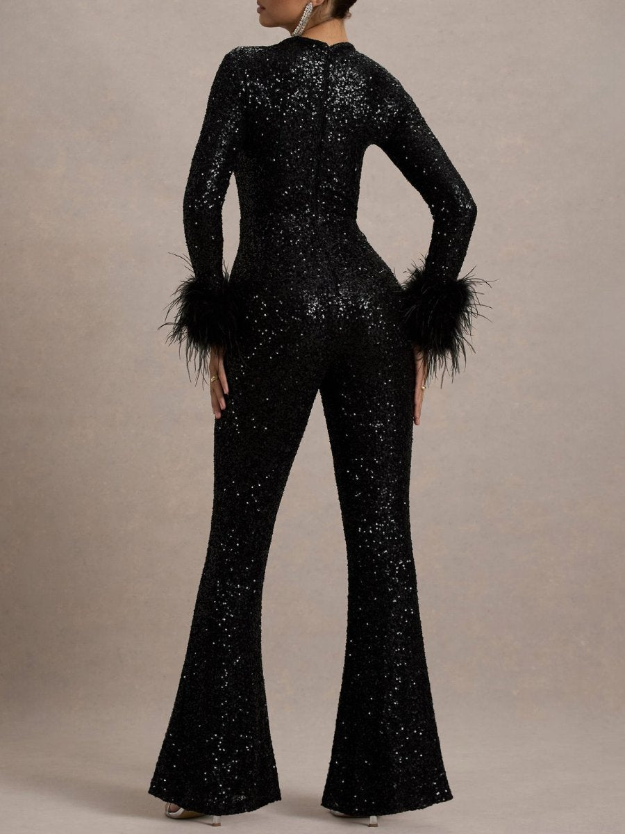 Black Sequin Feather Cuffs Jumpsuit