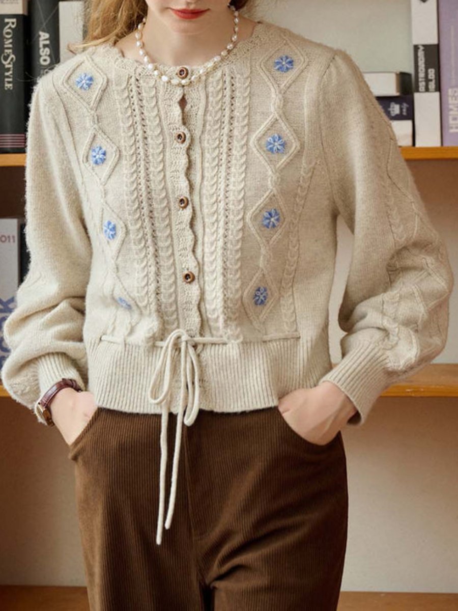 Willow Floral Embroidery Lantern Sleeve Cardigan