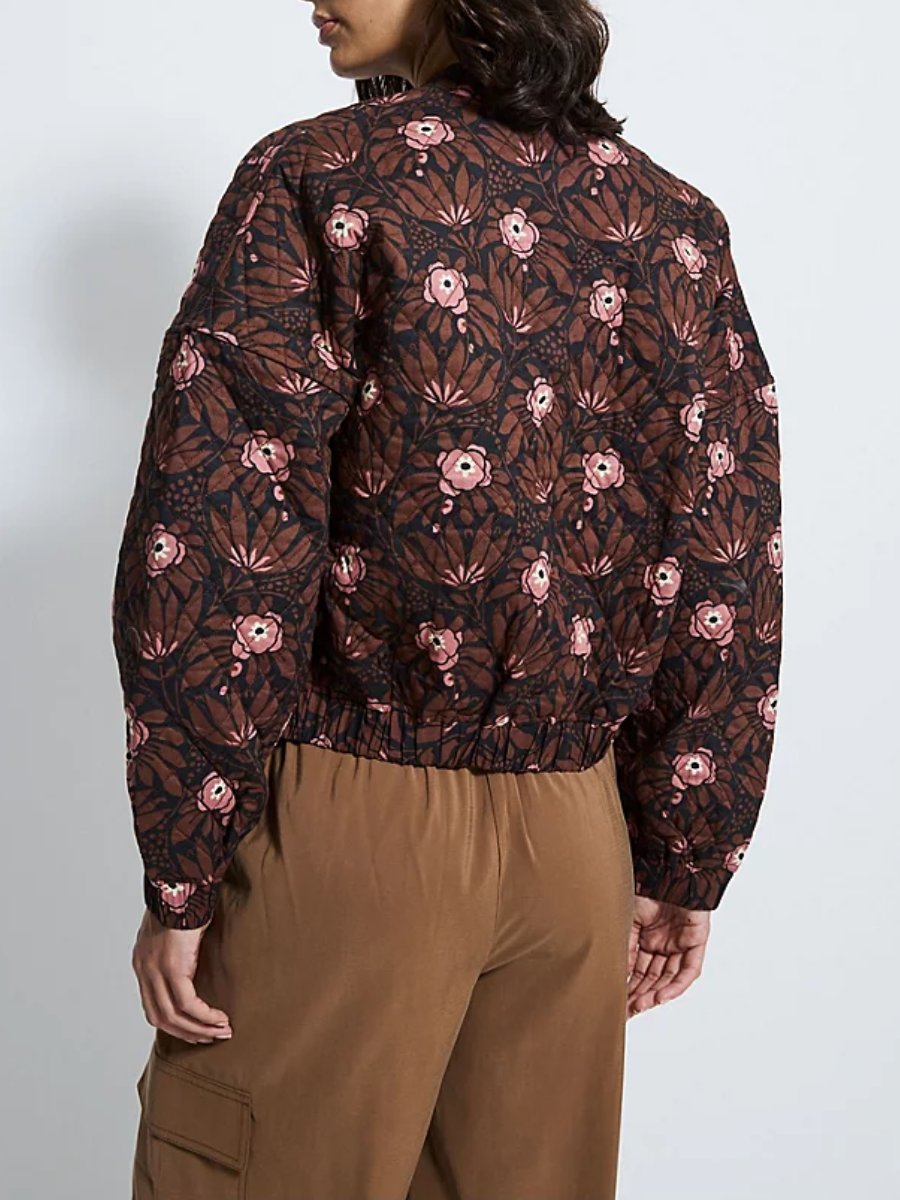 Brown Floral Quilted Cuffed Cropped Jacket