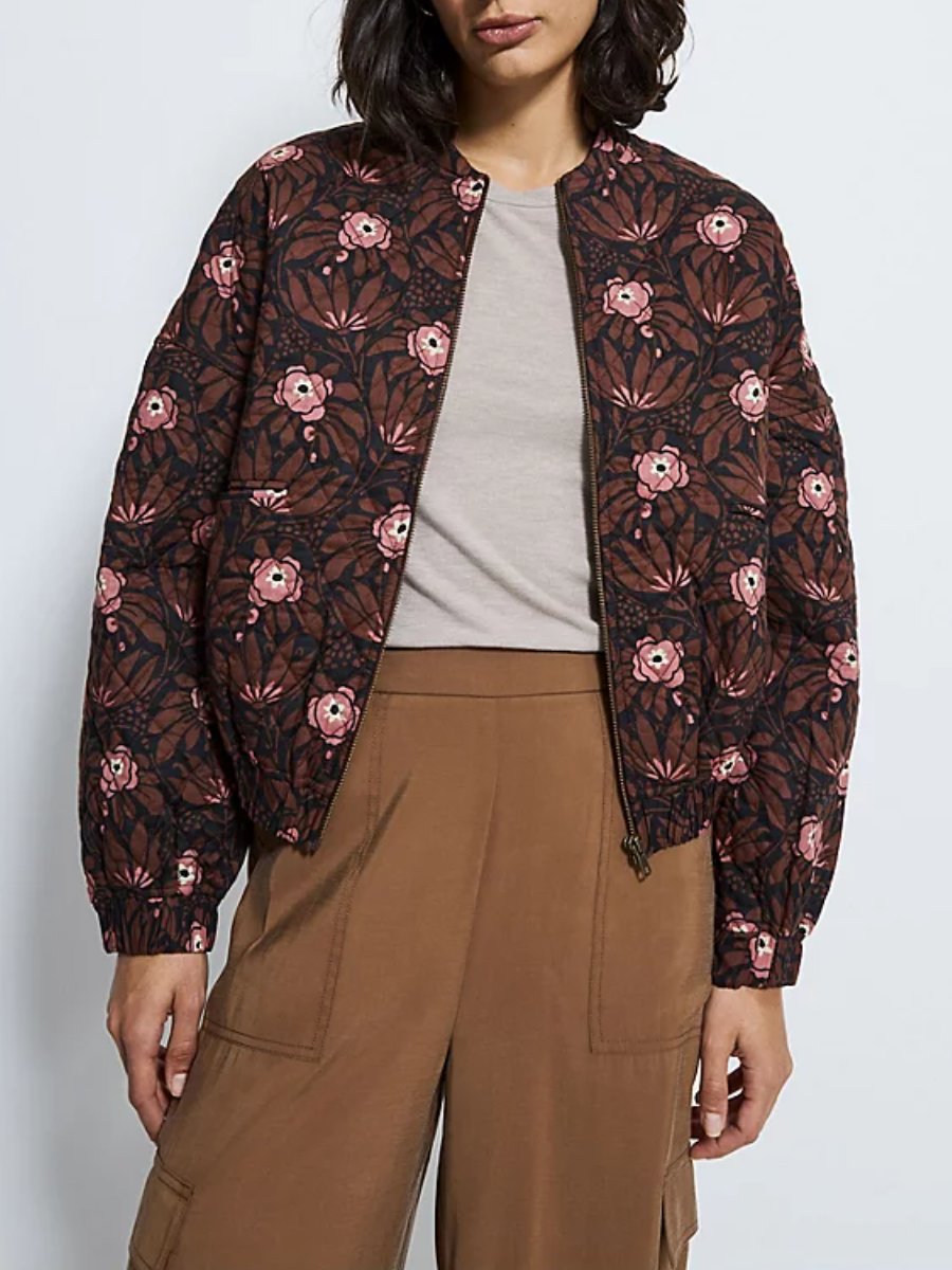 Brown Floral Quilted Cuffed Cropped Jacket