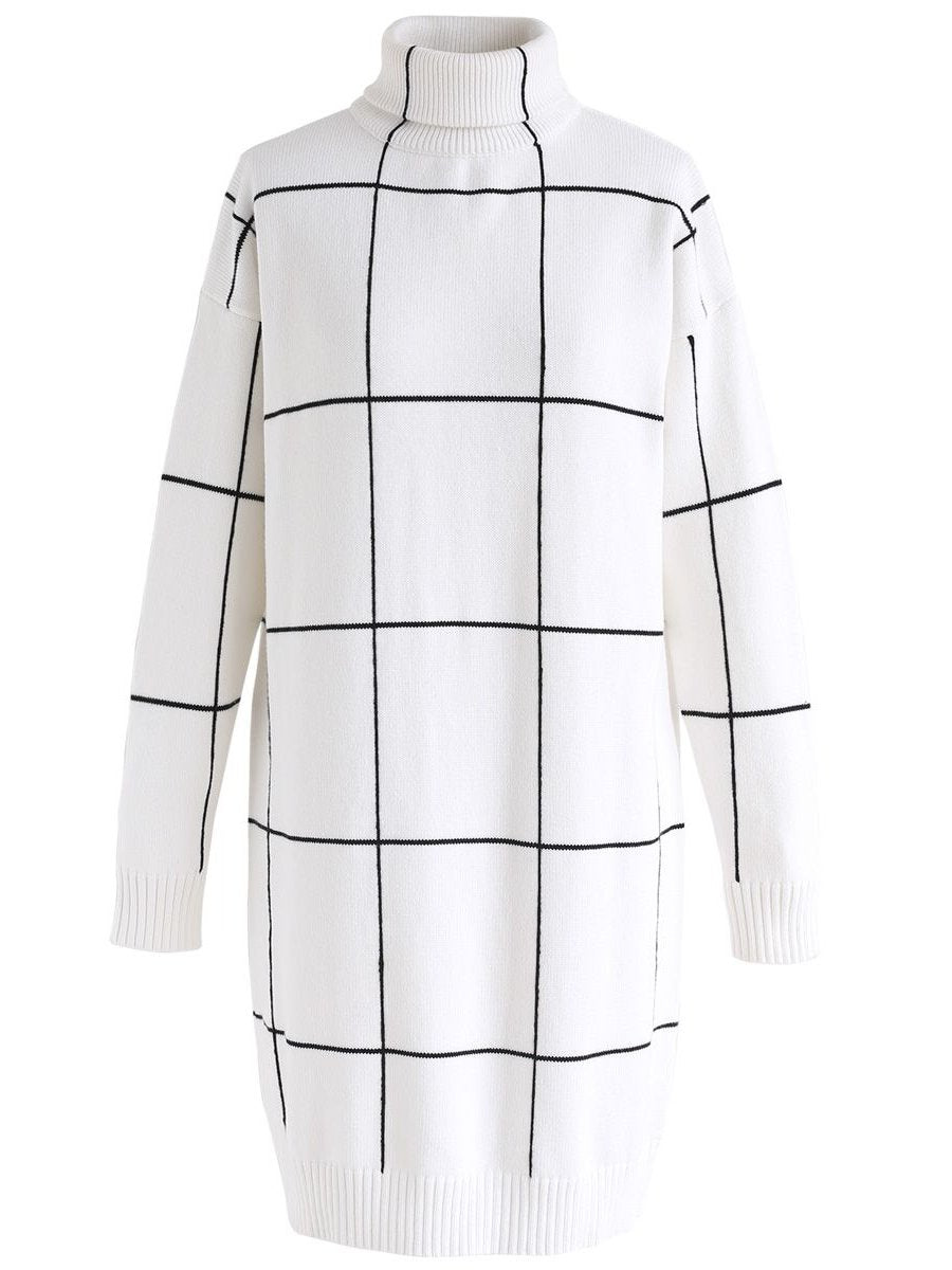 Warm Welcome Grid Turtleneck Sweater Dress