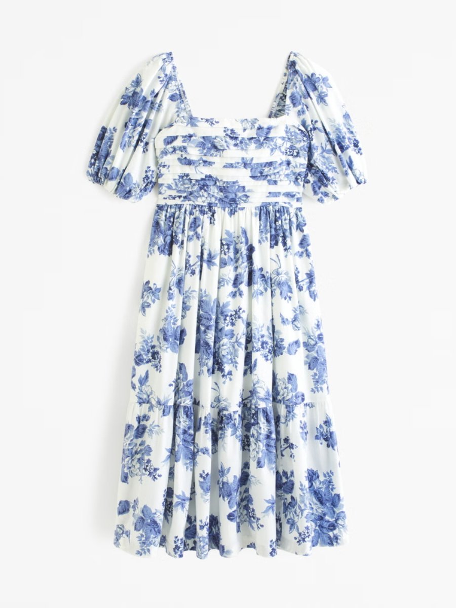 Blue Floral Puff Sleeve Midi Dress