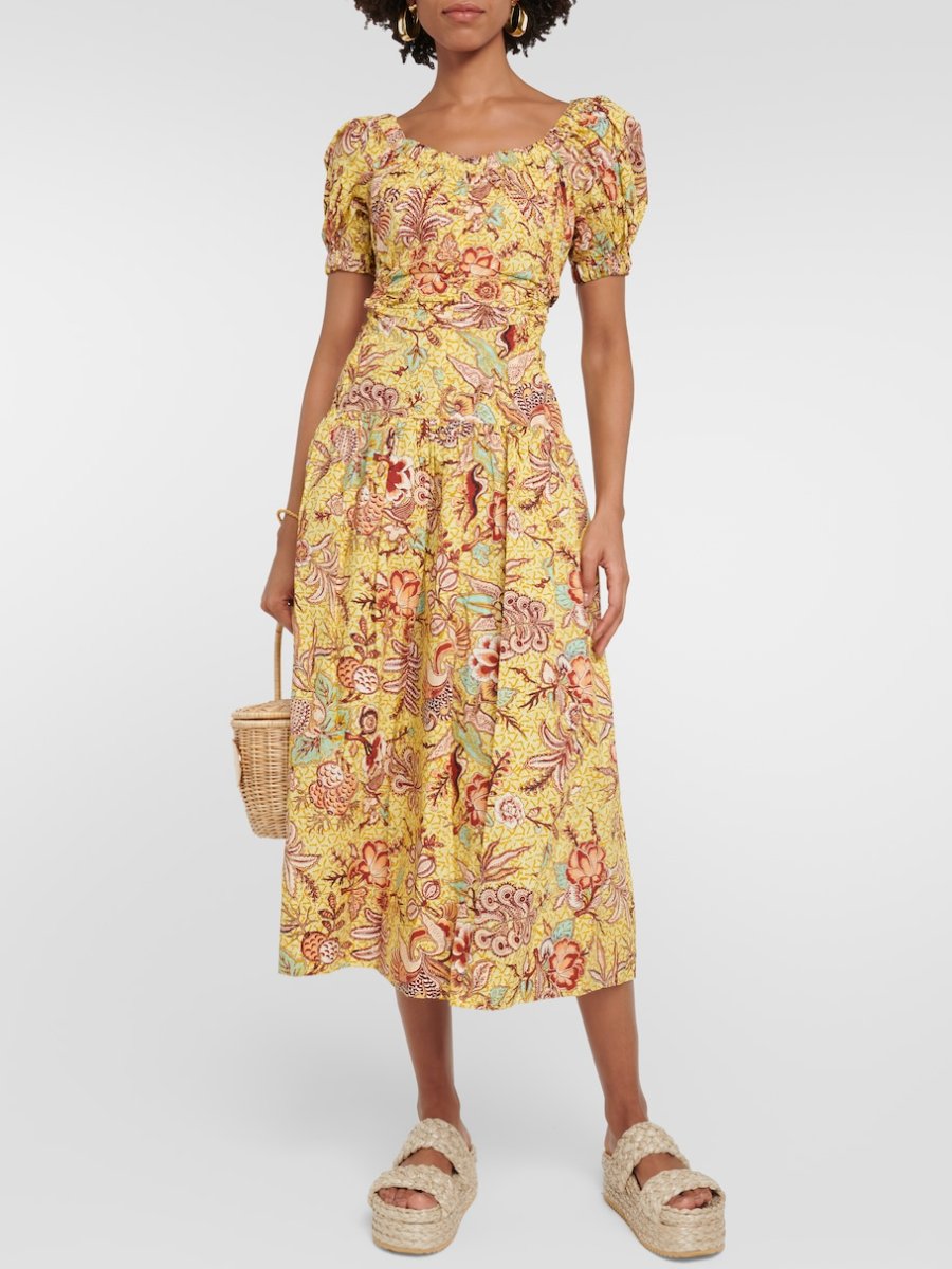 Cutout Gathered Printed Cotton Poplin Midi Dress