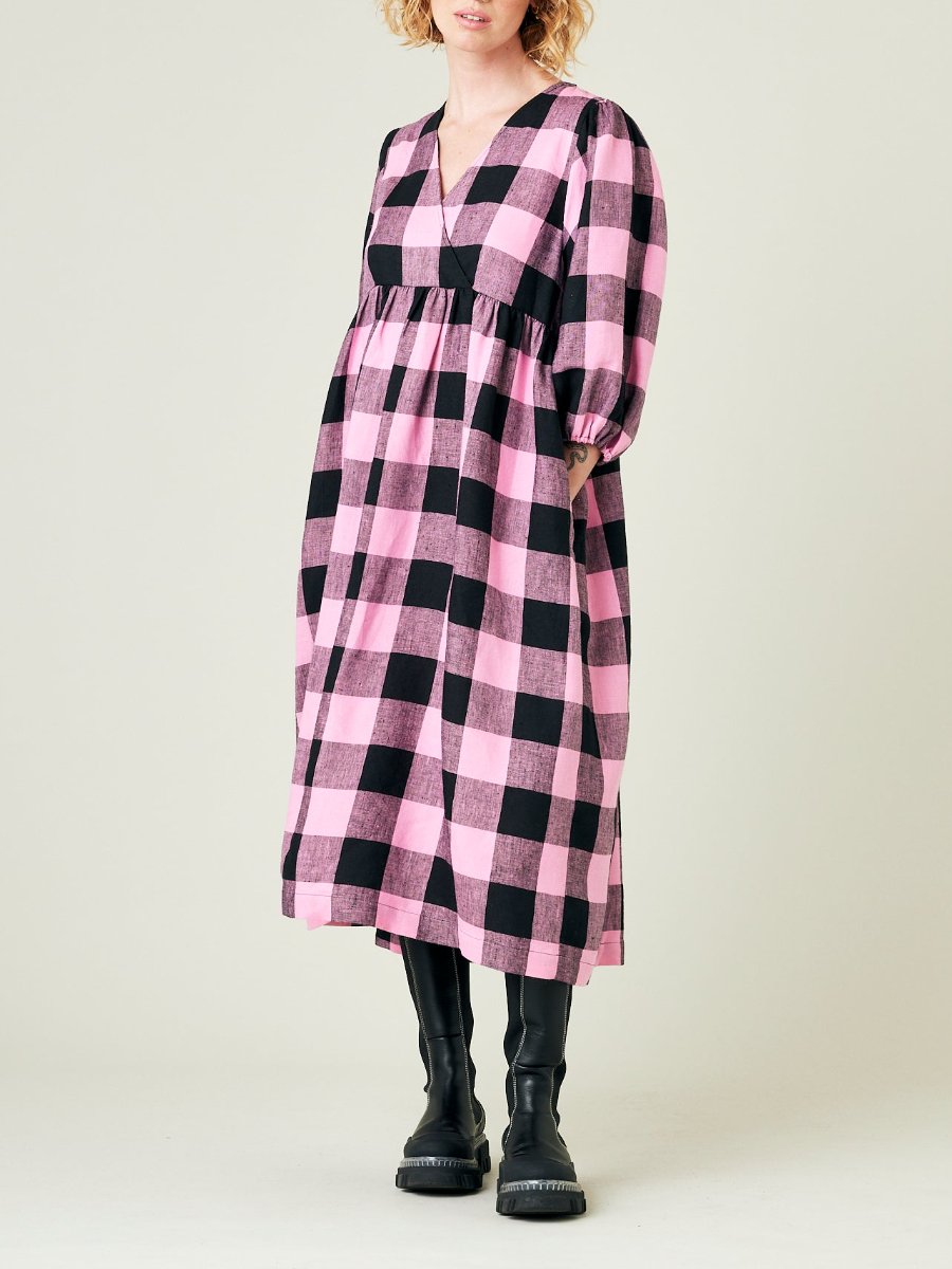 Pink And Black Check Linen Midi Dress