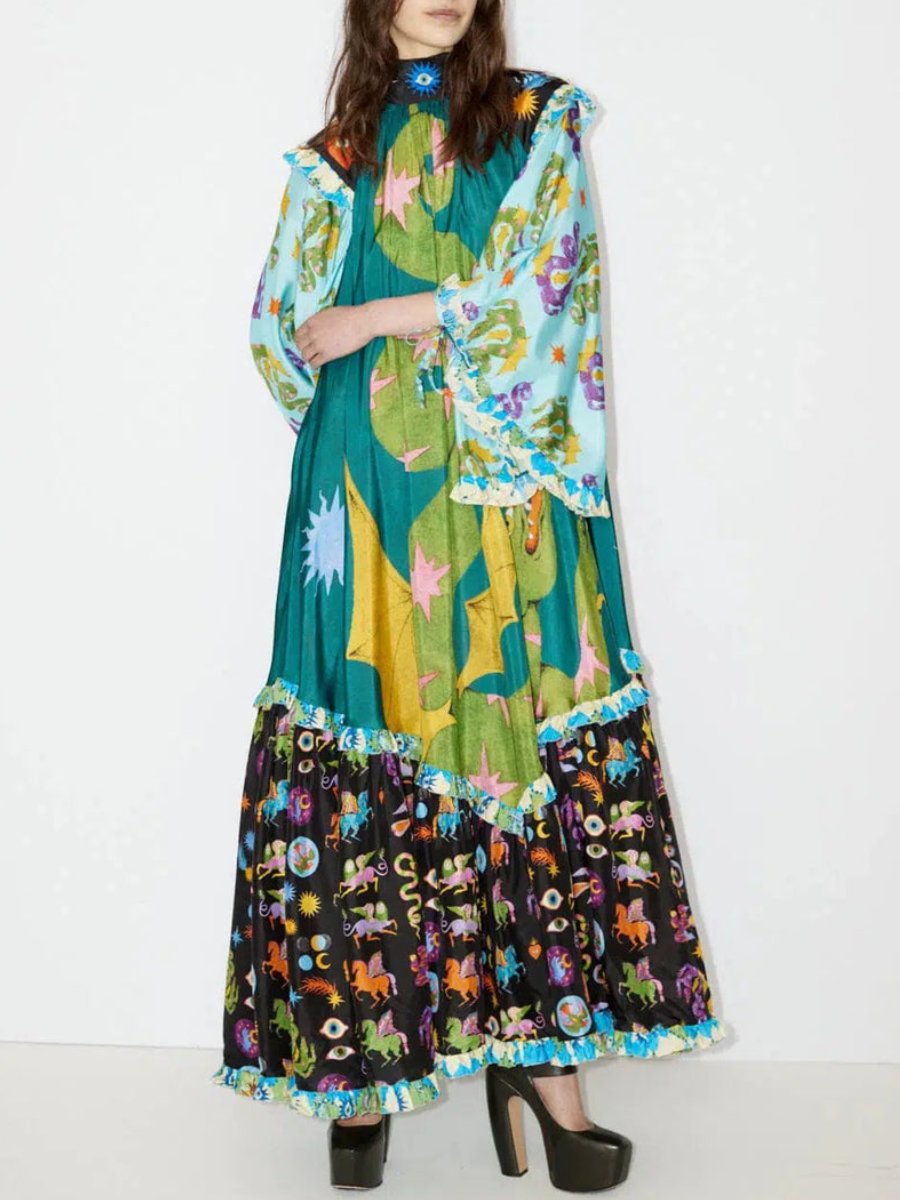 Patchwork Flared Sleeve Maxi Dress