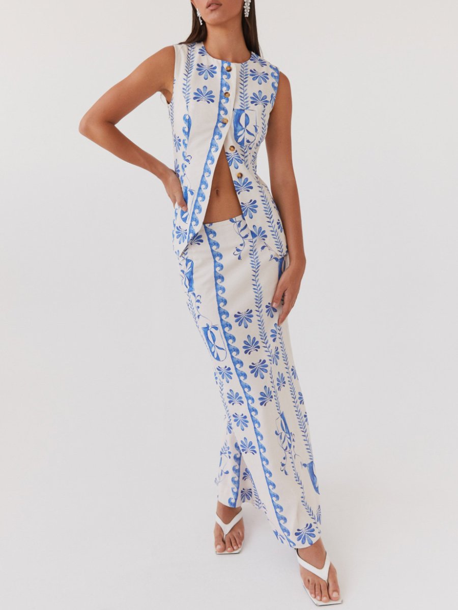 Flower Linen Blue Maxi Dress With Skirt