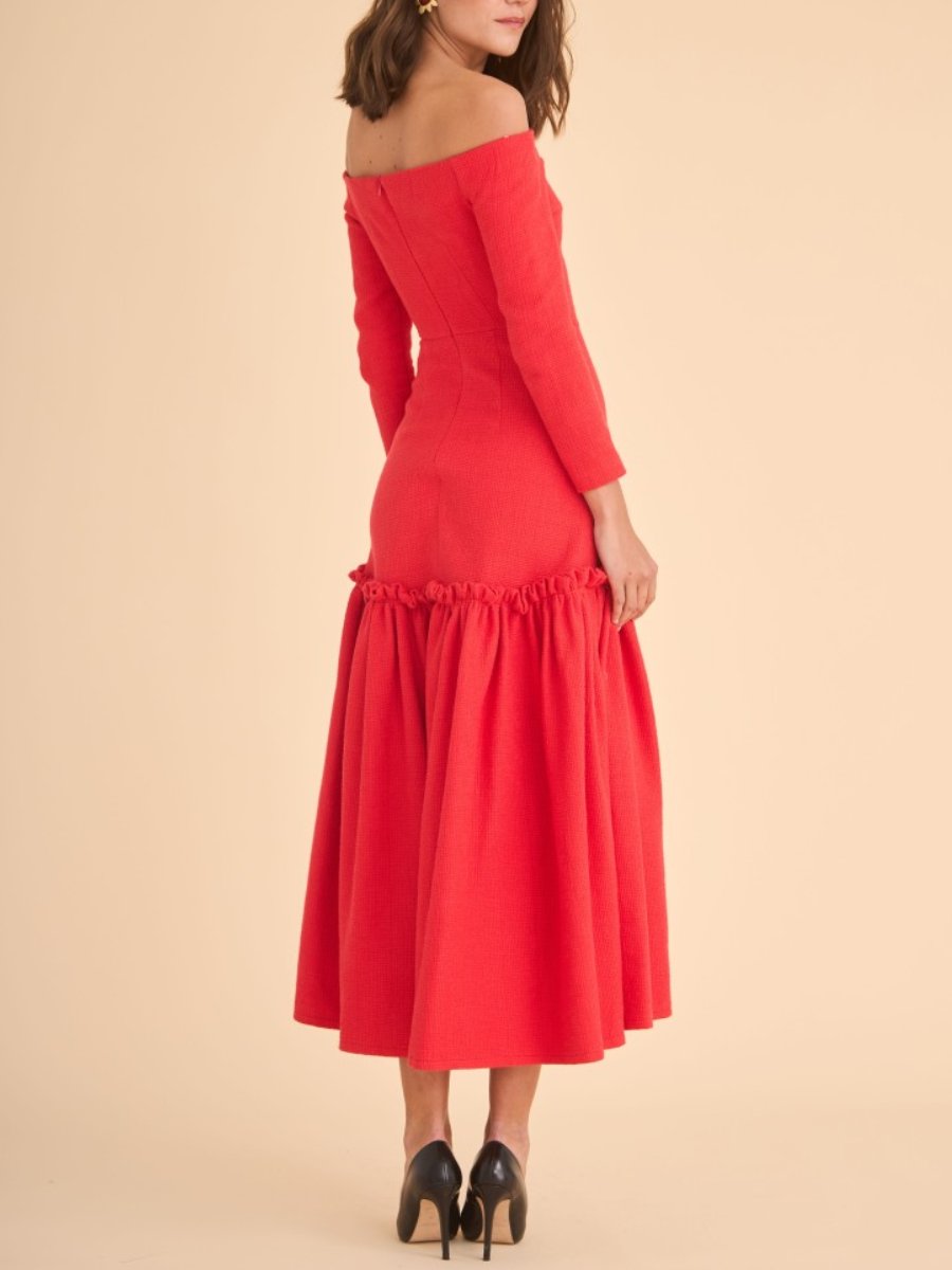 Red Tweed Long Sleeve Midi Dress