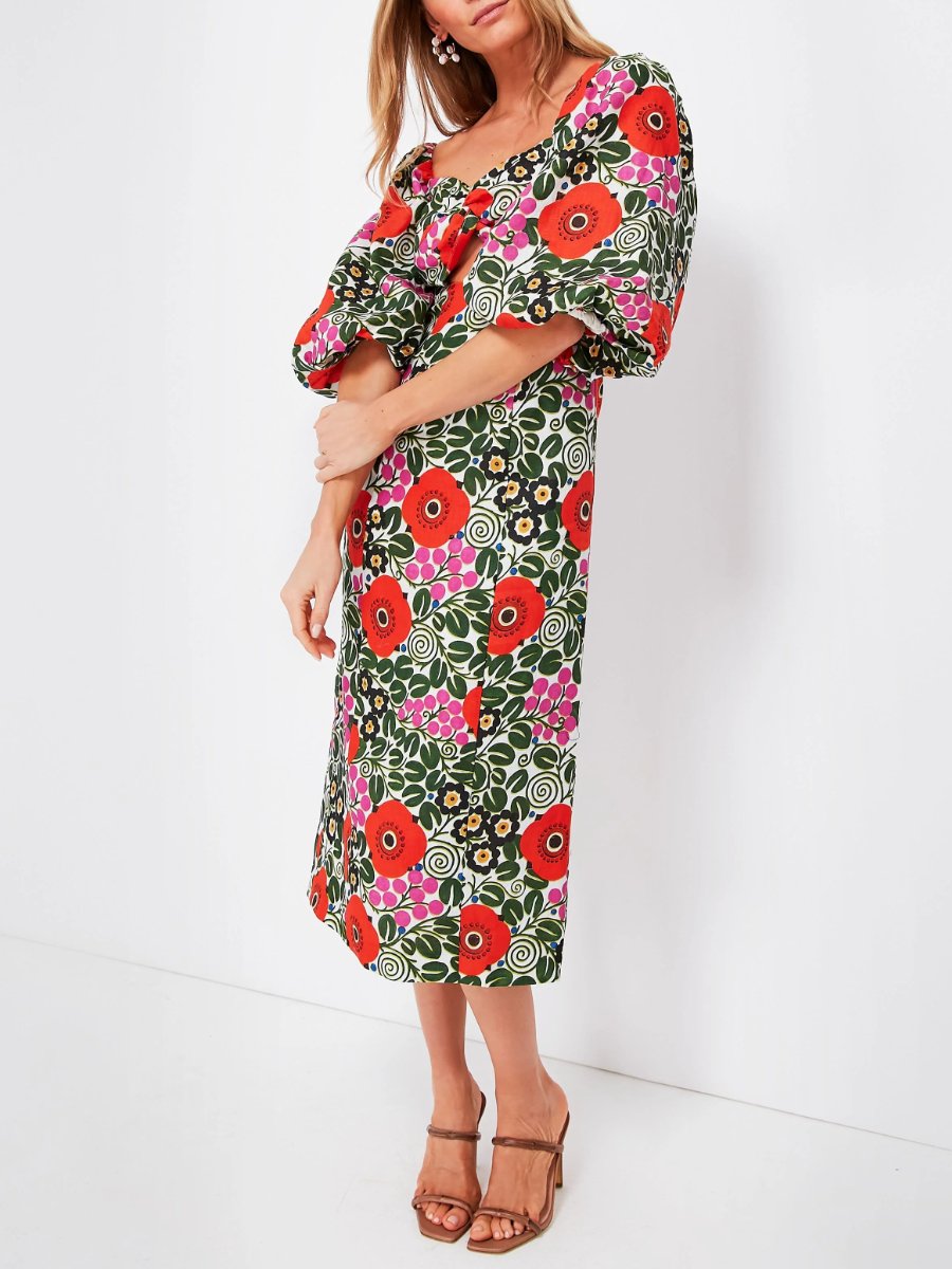 Poppies Balloon Sleeve Midi Dress