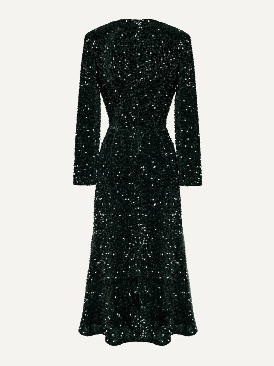 Black Sequin Decorated Long Sleeve Midi Dress