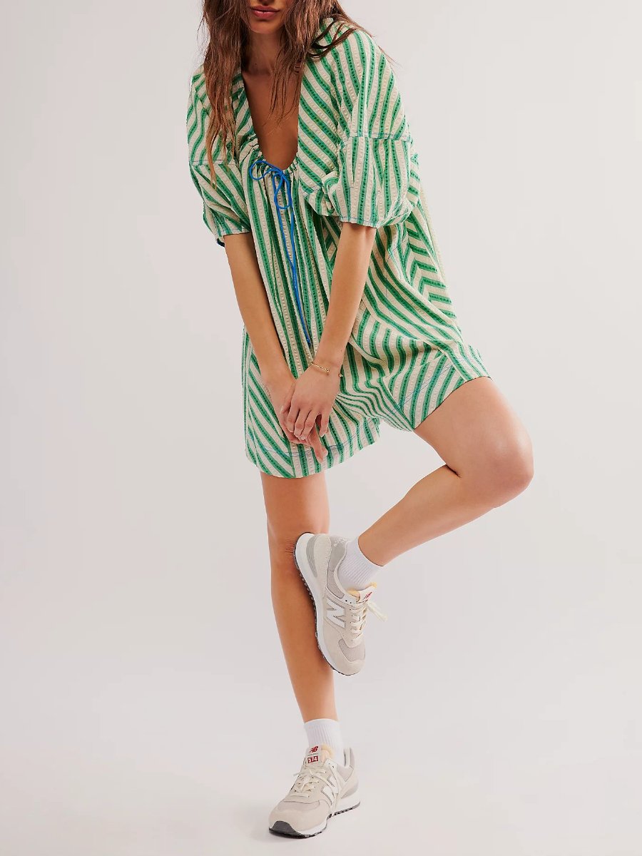 Green Striped Loose Fit Mini Dress