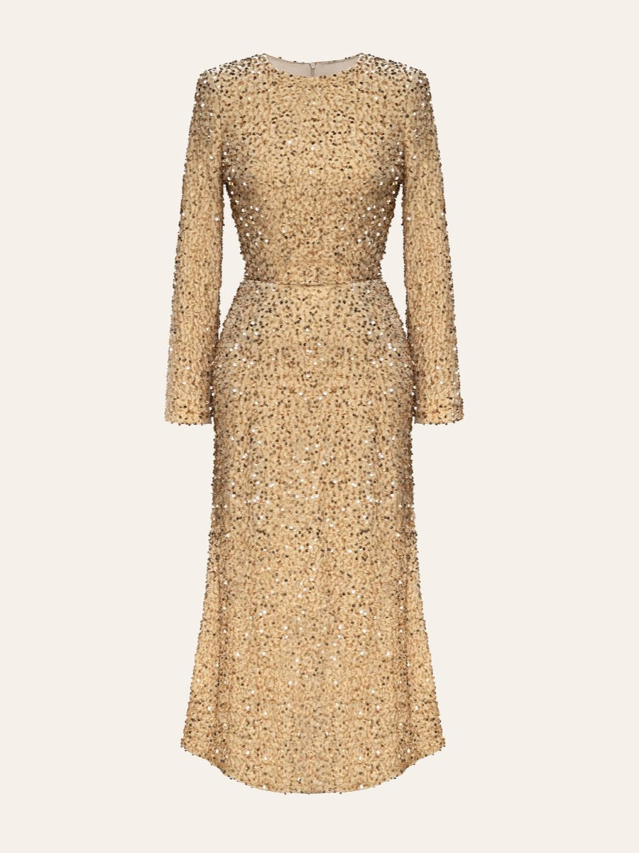 Beige Sequin Decorated Long Sleeve Midi Dress