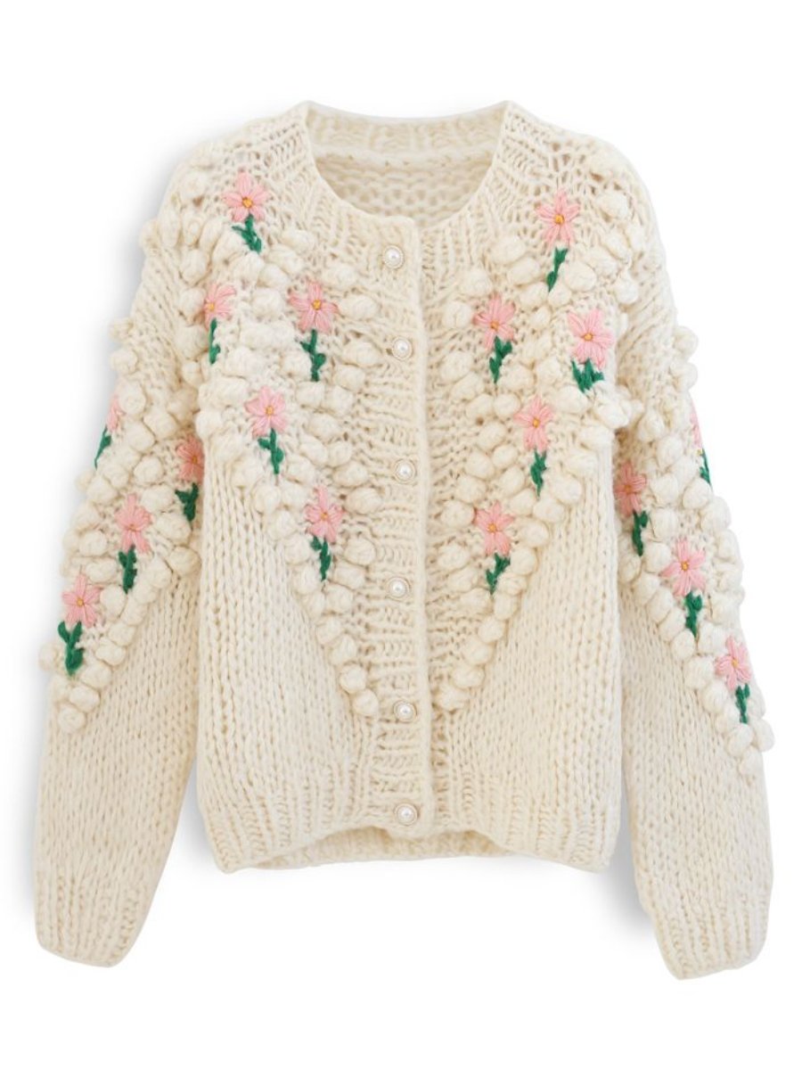 Floral Diamond Pom-Pom Knitted Cardigan