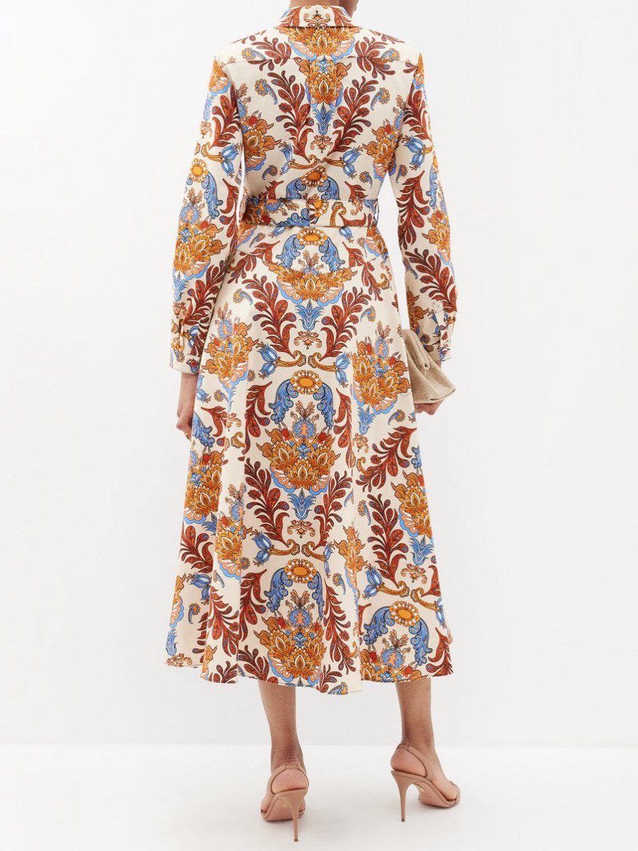 Kaleidoscopic Printed Twill Shirt Cream Midi Dress