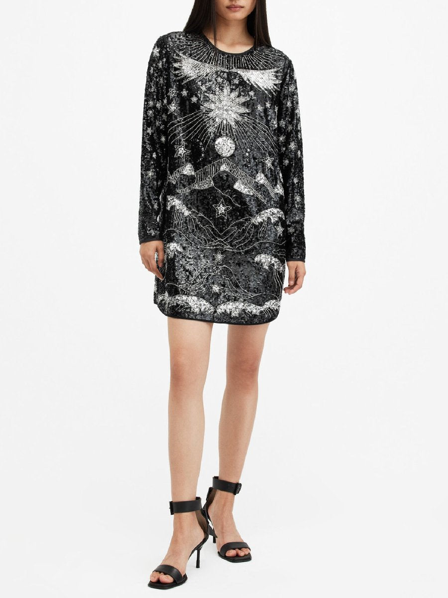 Mixed Sequin Print Long Sleeve Mini Dress