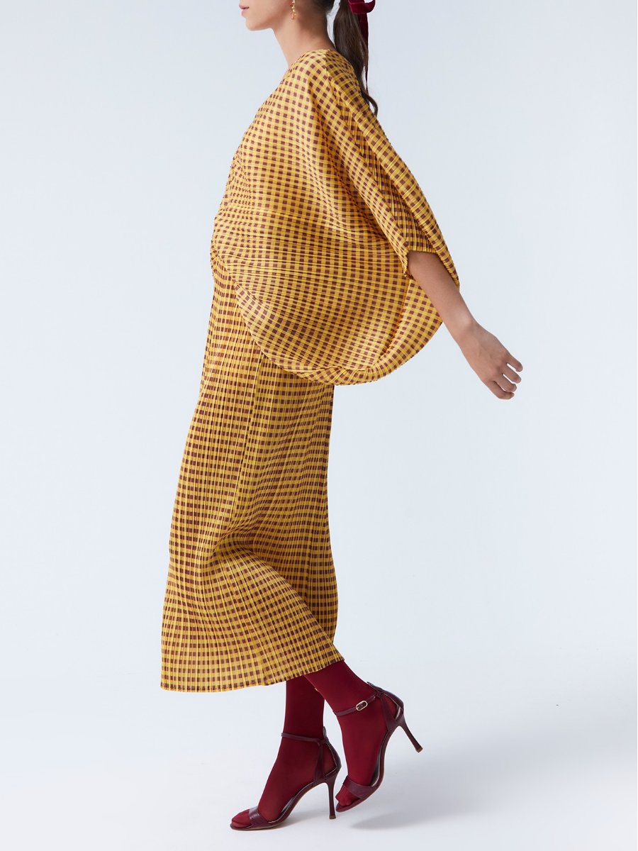 Batwing Sleeve Plaid Print Yellow Maxi Dress