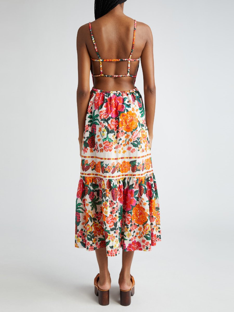 Floral Sketch Tiered Cotton Midi Dress