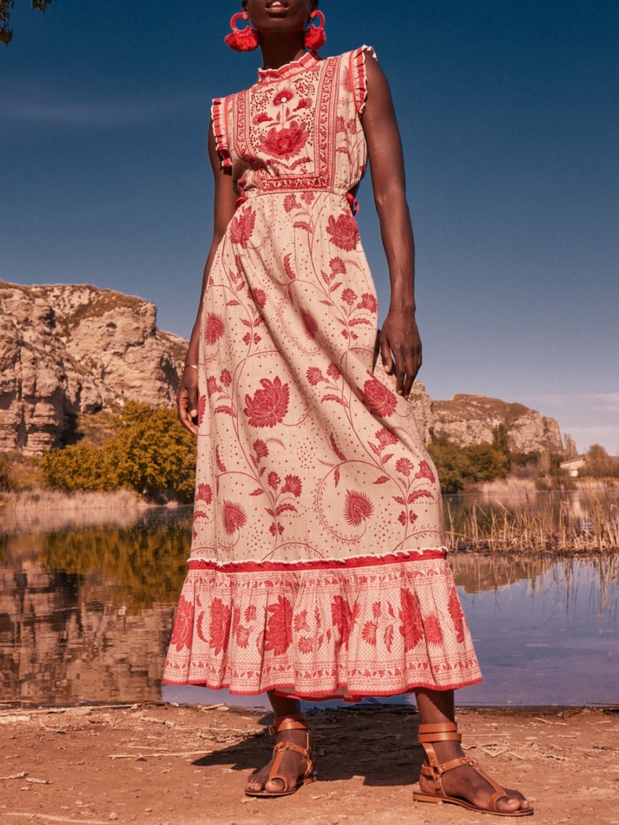 Red Flowers Embroidered Maxi Dress