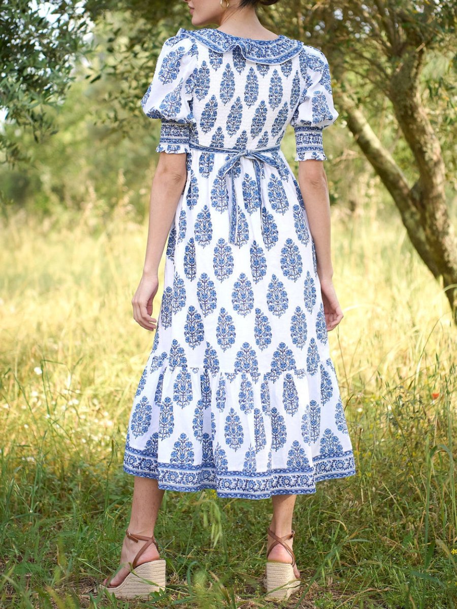 Hand-Printed Balloon Sleeves Midi Dress