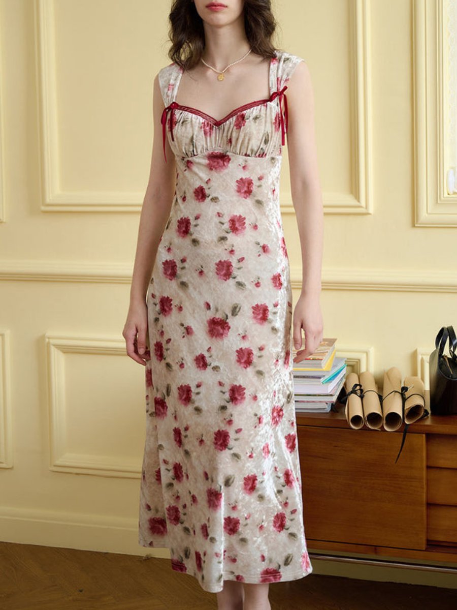 Floral Print Contrast Binding Ruched Bust Maxi Dress