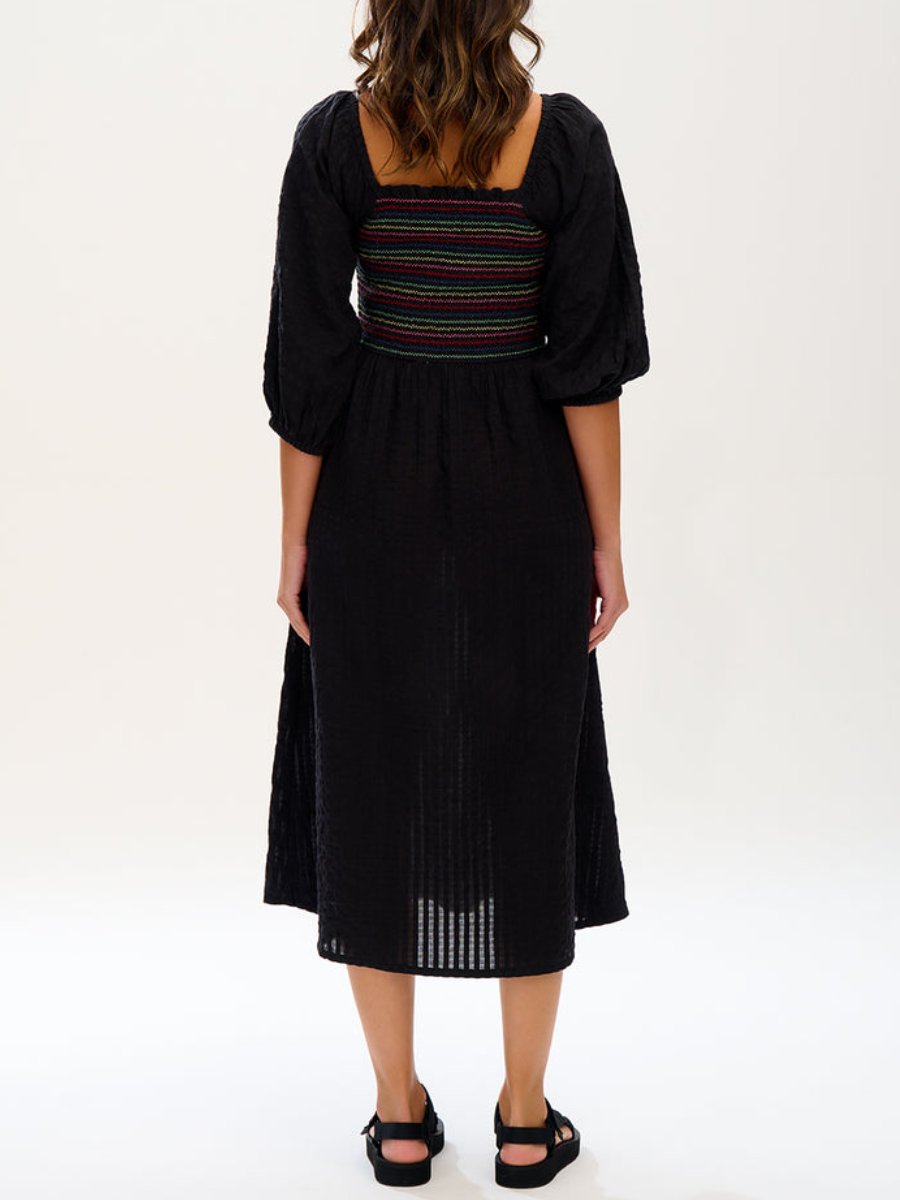 Rainbow Shirring Black Midi Dress