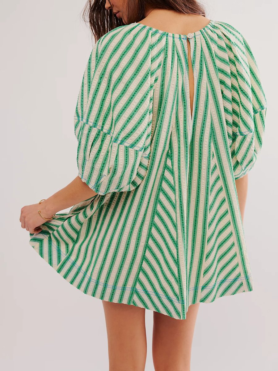 Green Striped Loose Fit Mini Dress