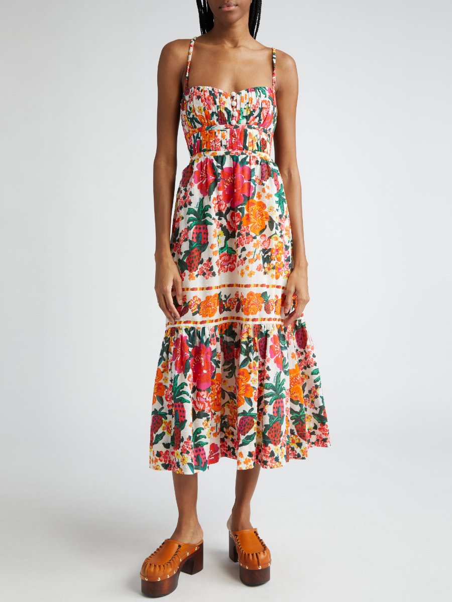 Floral Sketch Tiered Cotton Midi Dress