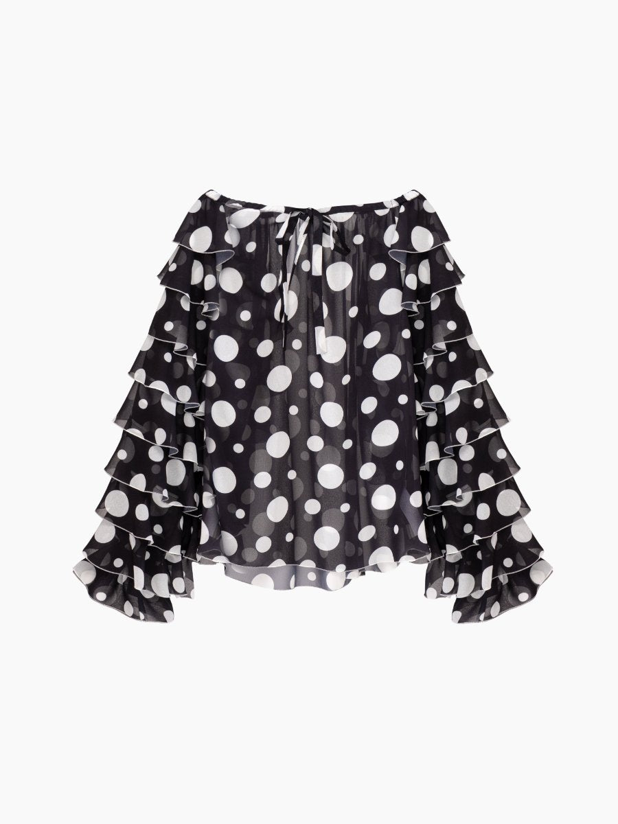 Ruffled Chiffon Polka-Dot Shirt With Pants