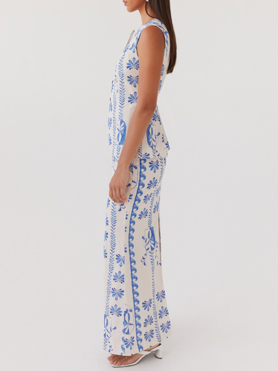 Flower Linen Blue Maxi Dress With Skirt