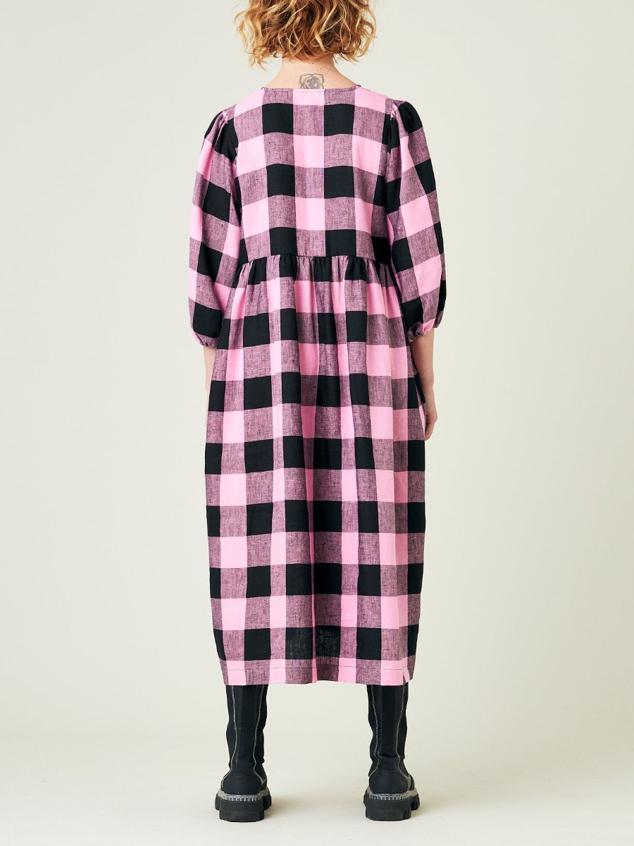 Pink And Black Check Linen Midi Dress