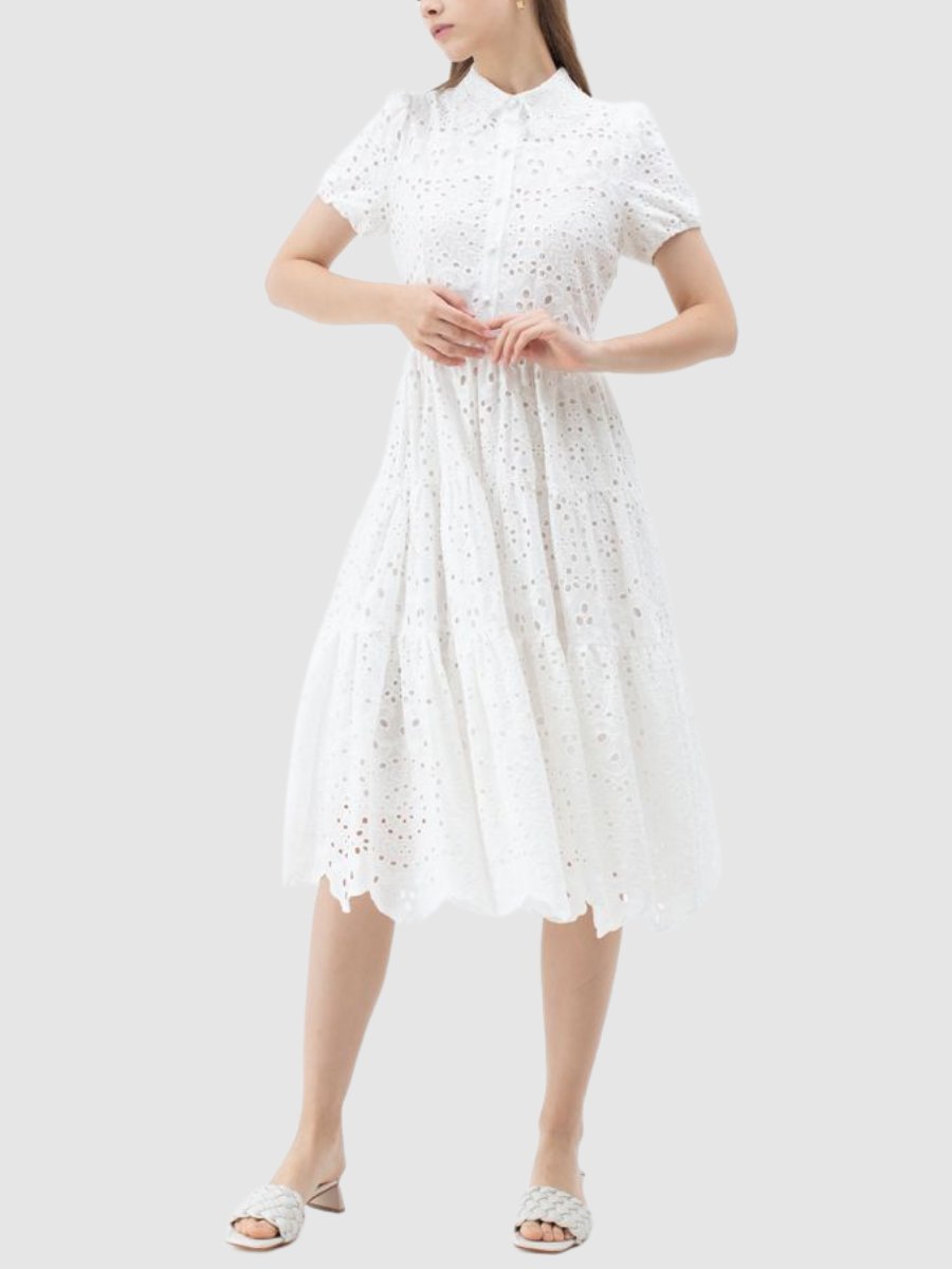 Crochet Collar Embroidered Eyelet Cotton Midi Dress