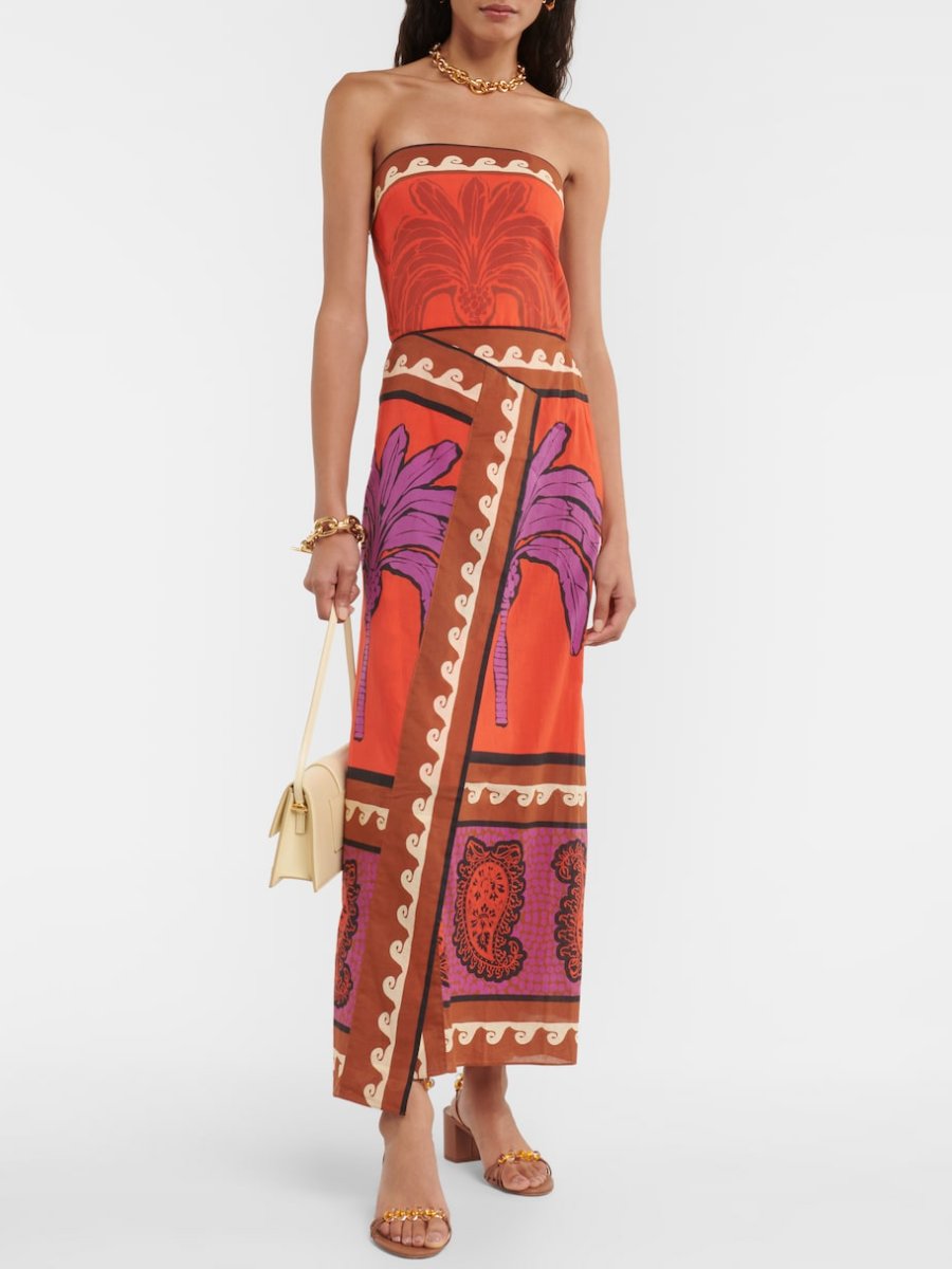 Printed Strapless Voile Maxi Dress