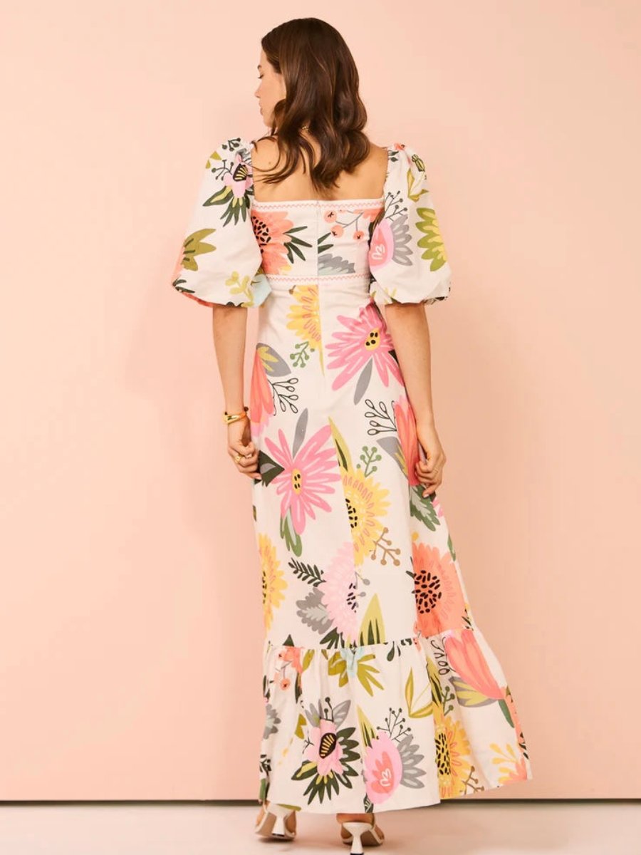 Bubble Sleeve Potpourri Maxi Dress