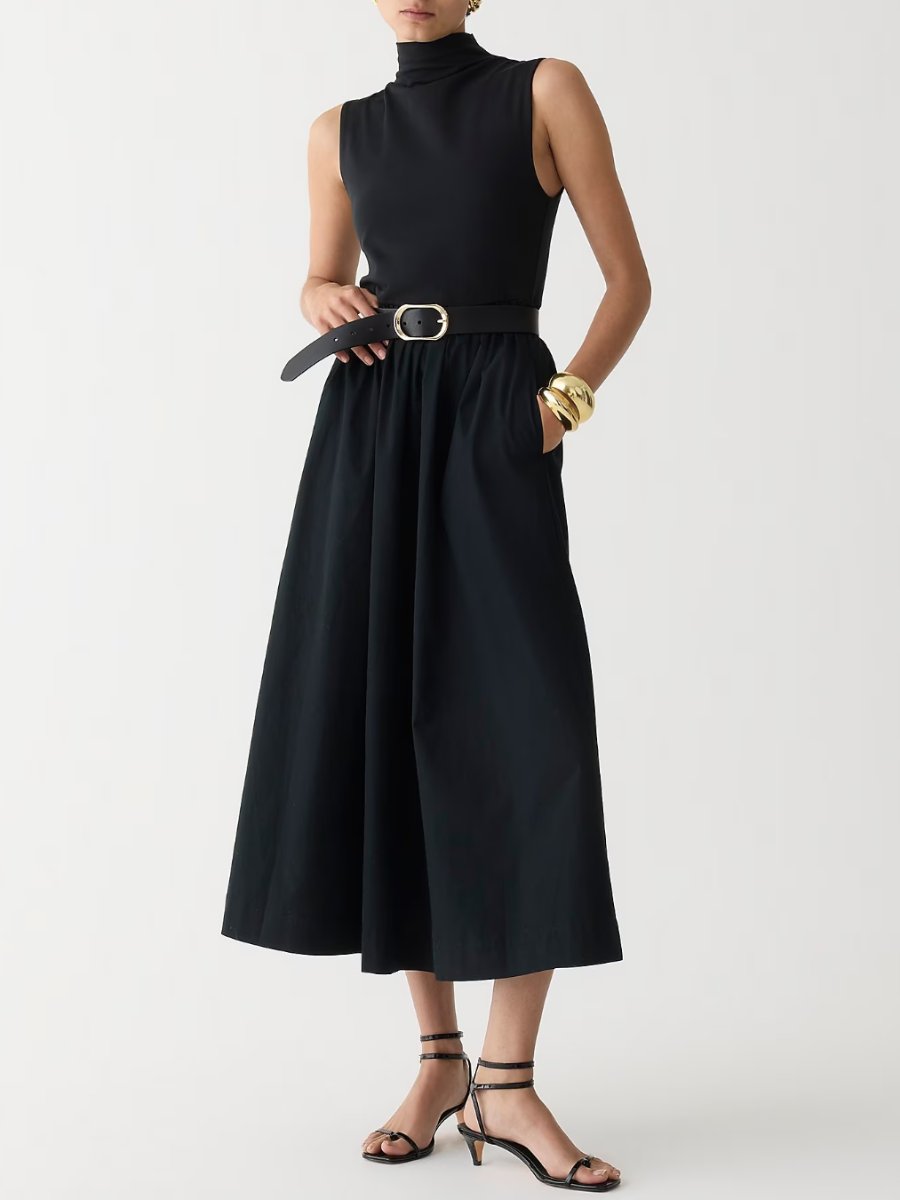 Fitted Knit Mockneck Black Midi Dress