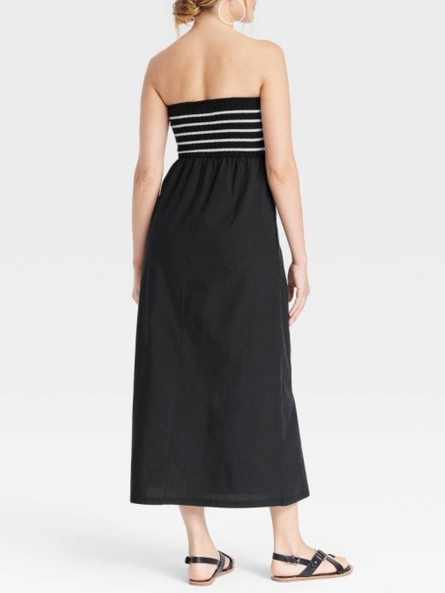 Black Striped Strapless Midi Dress