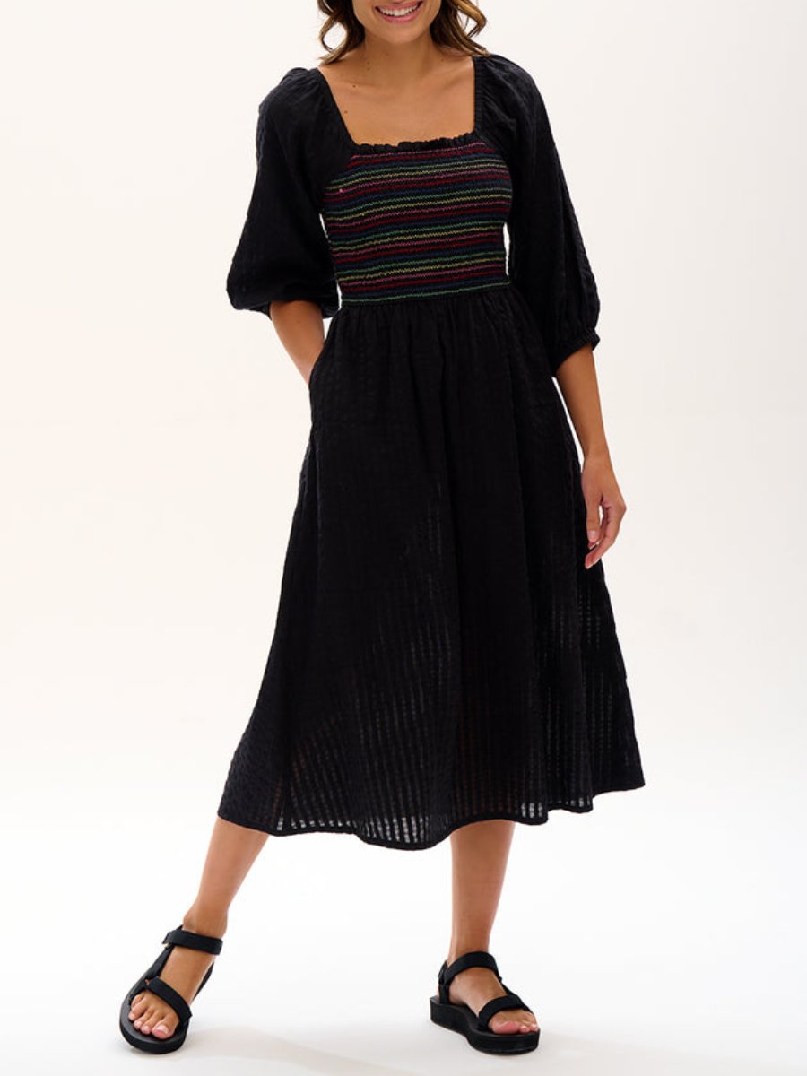 Rainbow Shirring Black Midi Dress