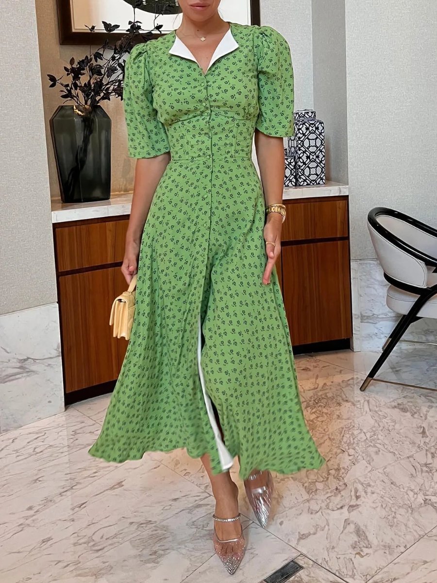 Green Short Sleeve Button Down Midi Dress