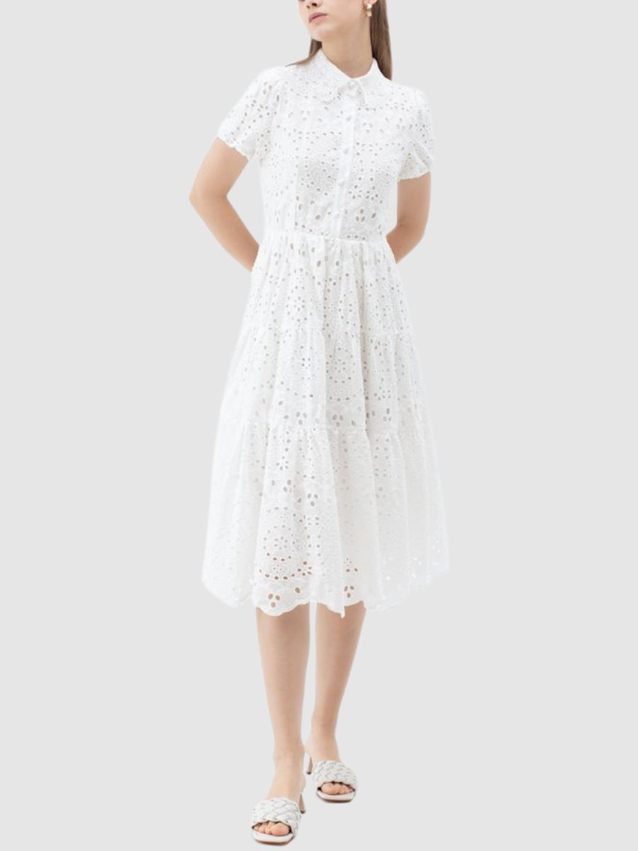 Crochet Collar Embroidered Eyelet Cotton Midi Dress