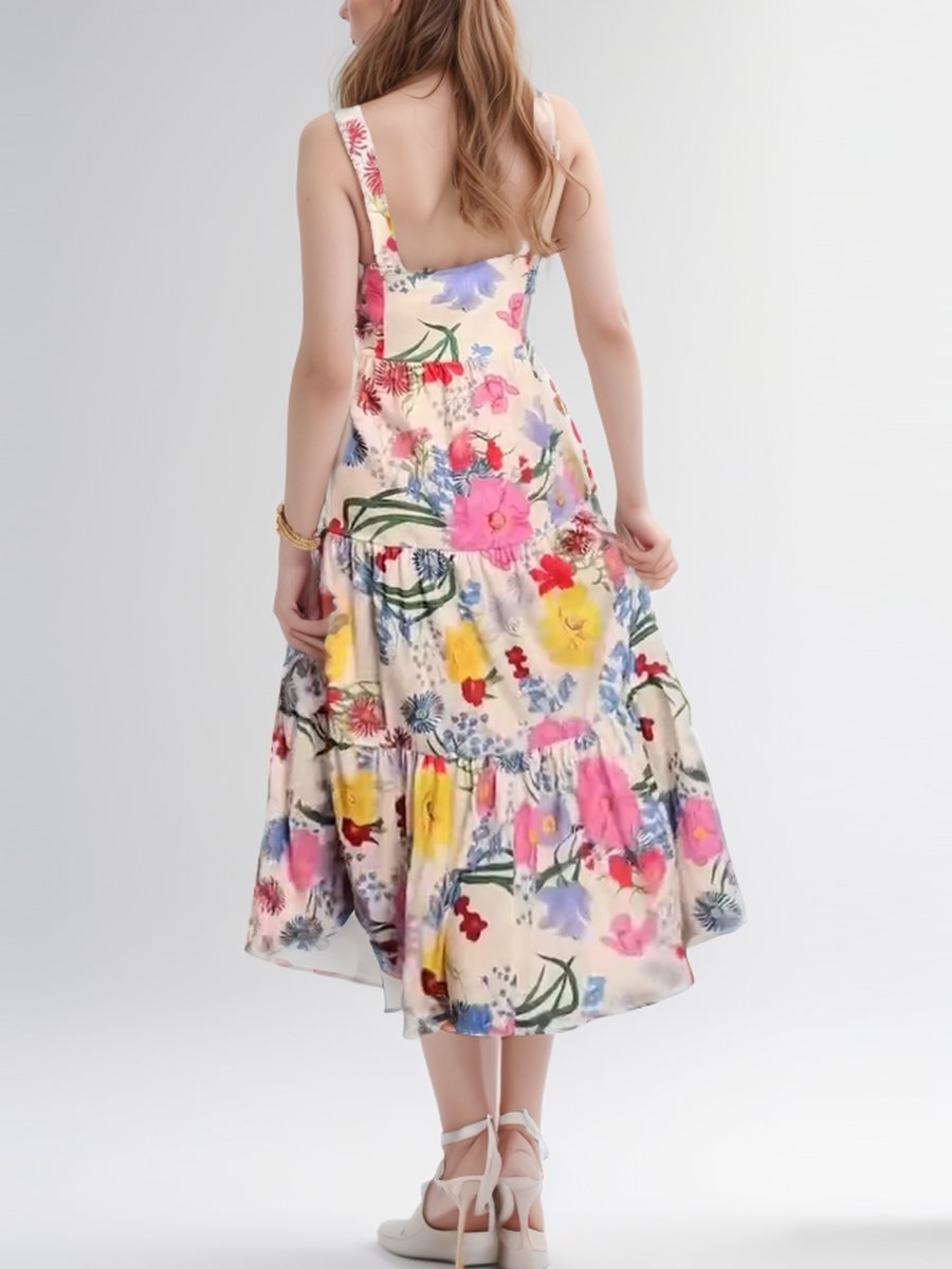 Floral Print Sweetheart Neck Midi Dress