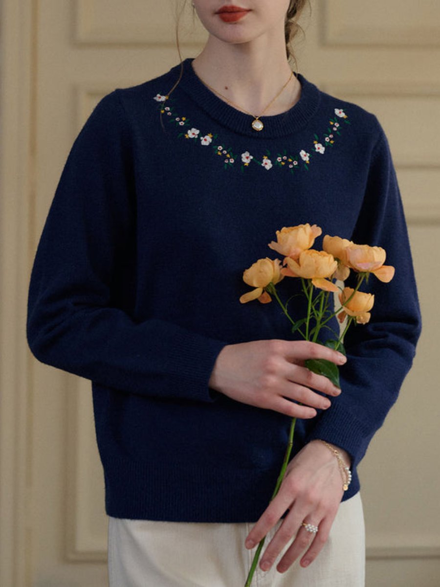 Floral Embroidery Blue Knit Sweater