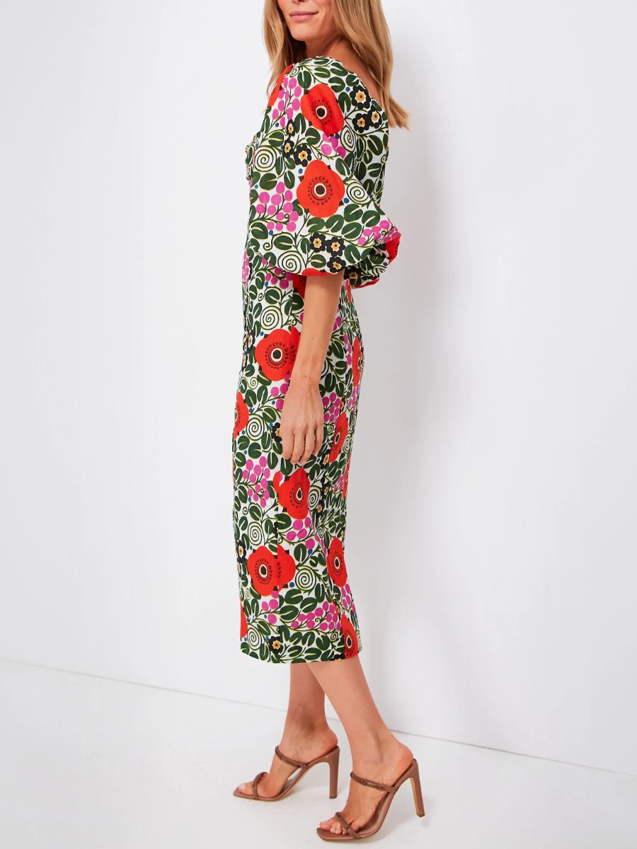 Poppies Balloon Sleeve Midi Dress