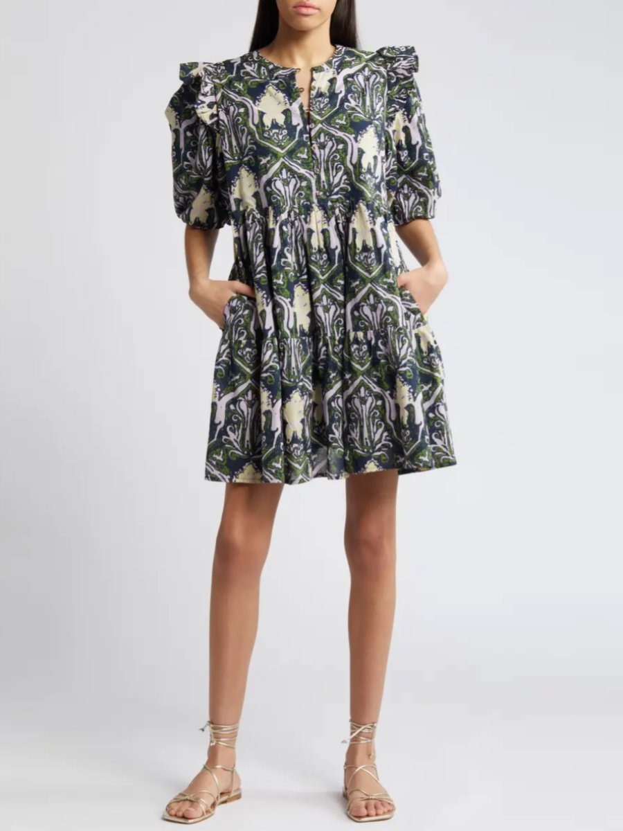 Print Ruffle Hem Cotton Mini Dress